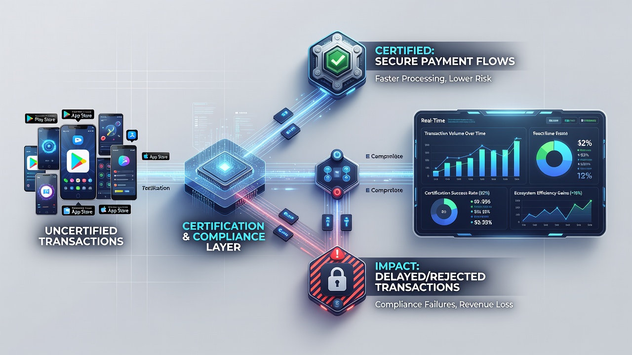 Transaction flow diagram in mobile gaming with certification checkpoints highlighted