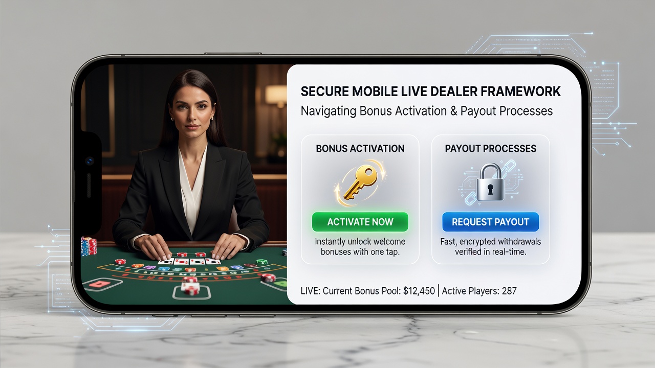Payout dashboard on mobile device connected to live dealer session with transaction logs and security badges
