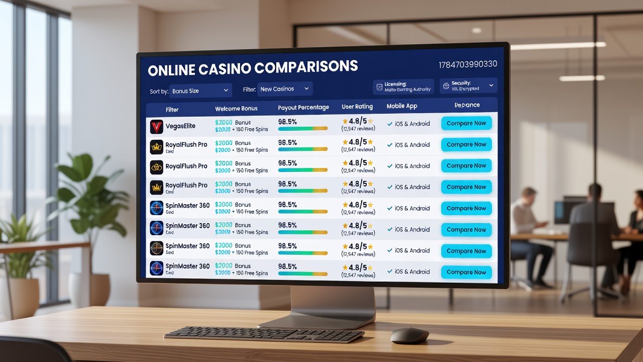 Detailed charts comparing casino bonus structures, payout speeds, and licensing information
