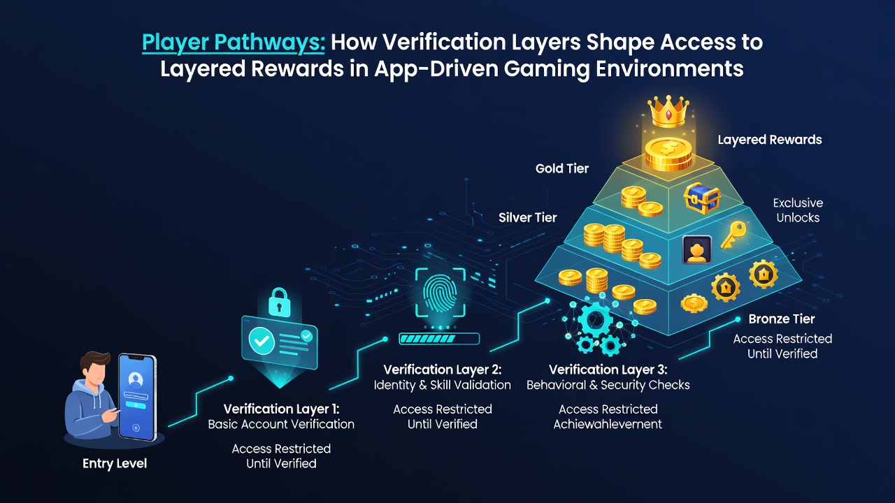 Mobile app interface displaying verified player unlocking successive reward tiers after completing verification stages