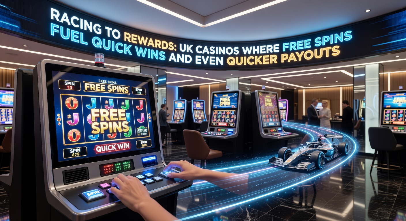 Dynamic casino dashboard showing free spins activating a jackpot payout, with speedometer graphic emphasizing quick withdrawals